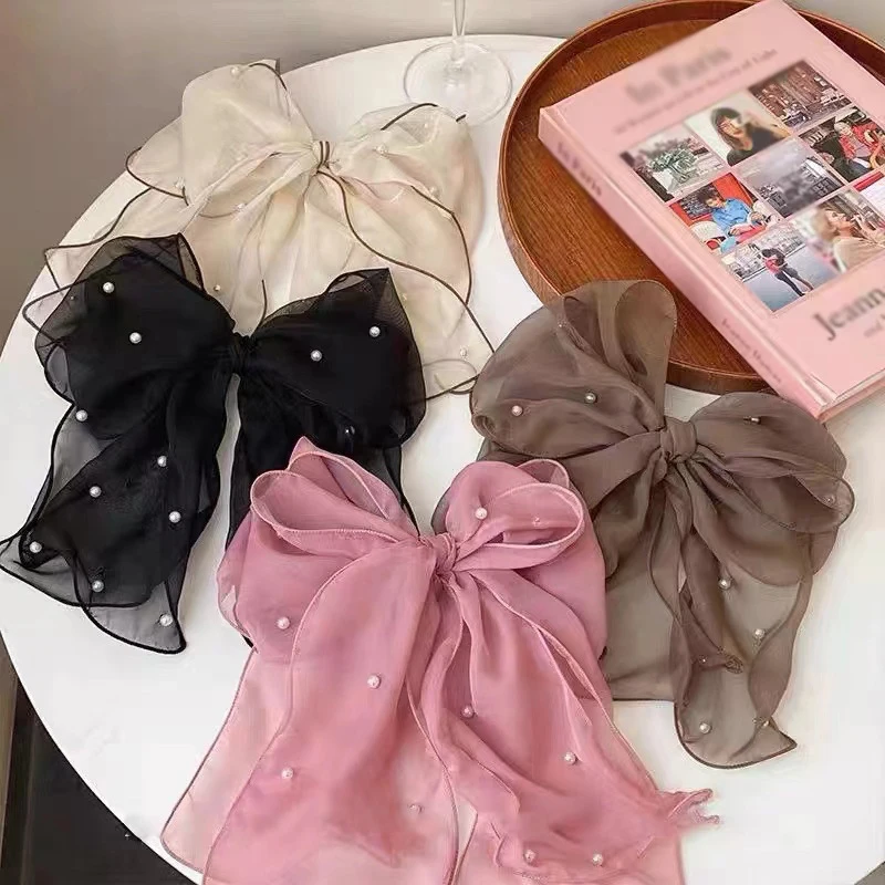 Modische Haarspangen mit Perlen und Schleifen für Damen, elegante Chiffon-Schleifen, Pferdeschwanz-Haarspangen, süße Haarschmuck-Accessoires – Detail 2