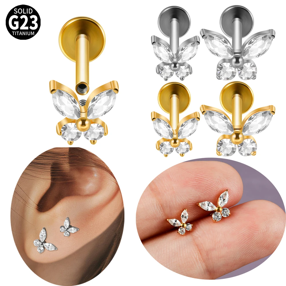 1PC orecchini a forma di farfalla in titanio zircone Labret Lip Studs filo interno cartilagine Tragus Helix Piercing gioielli per le donne