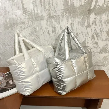 גדול קיבולת tote מעצב כסף מרופד תיק אופנה מרופד תיק כתף שחור למטה כותנה בולסה ניילון