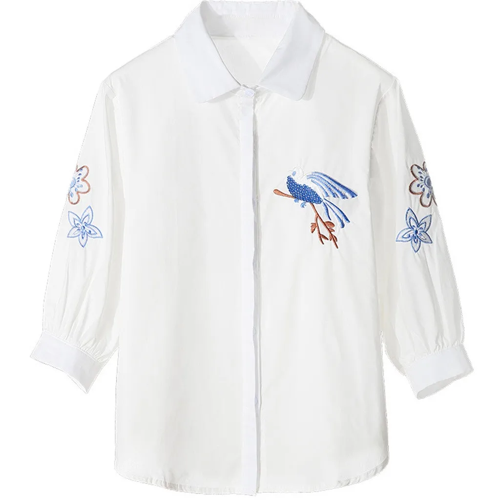 Embroidery Flower Bird Shirt Women Three Quarter Sleeve Elegant White Shirts Turn-Down Collar Blouse Top