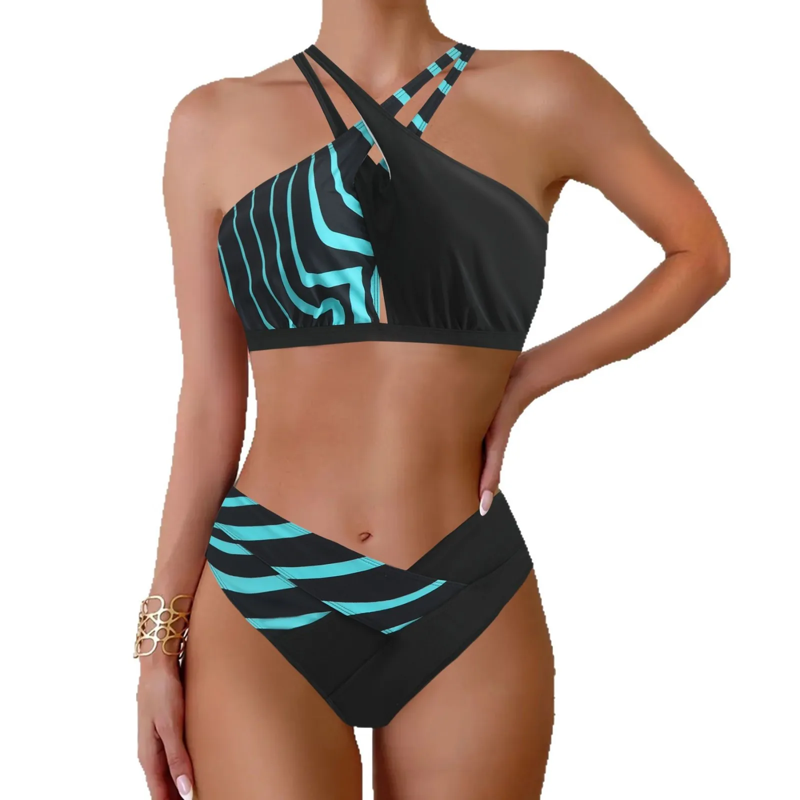 

Women's Plus Size Triangle Halter Cross Back Bikini Set - European American Style Separable Swimsuit