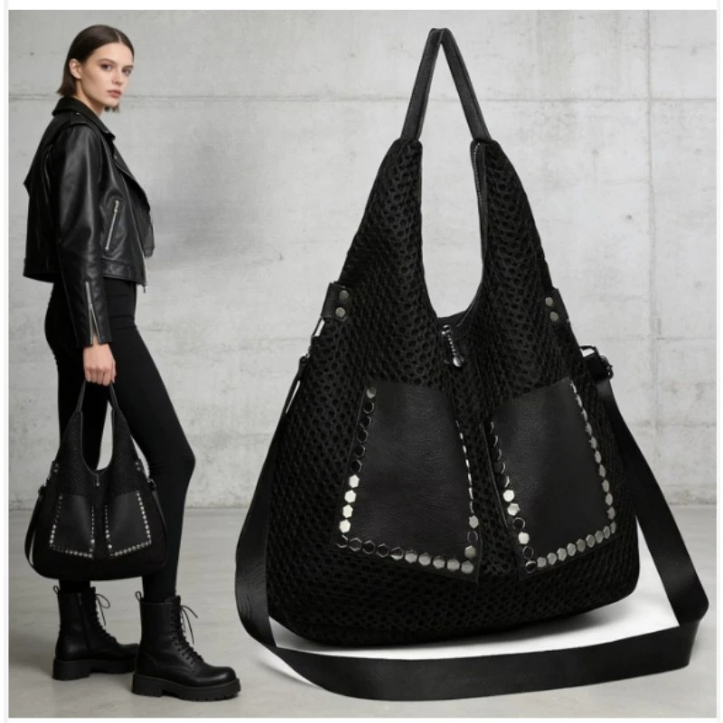 Women' Bag Individuality Rivet Metal Versatile Shoulder Bag Fashion Trend Underarm Handbag Portable Large-capacity Messenger Bag