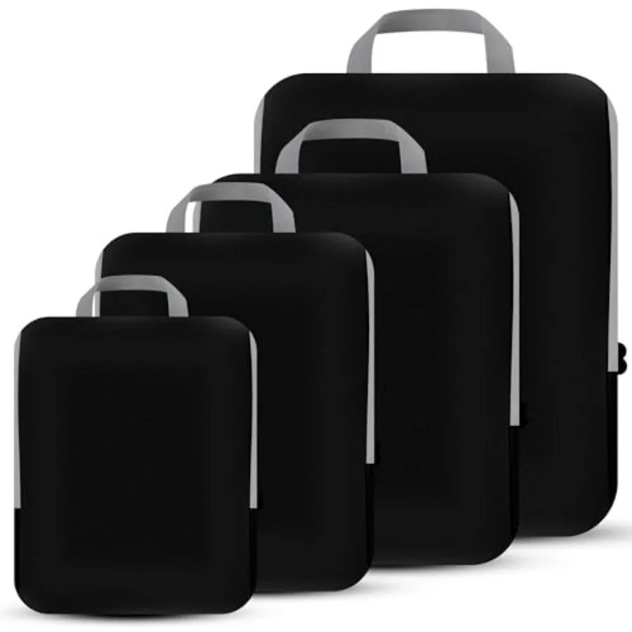 

4 Set Compression Packing Cubes Travel - Expandable Luggage Organizers for Carry On - Black - Essentials Travel Accessories