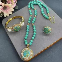 Turquoise set Internet celebrity same inlay this pearl color retention electroplating handmade design turquoise jewelry factory