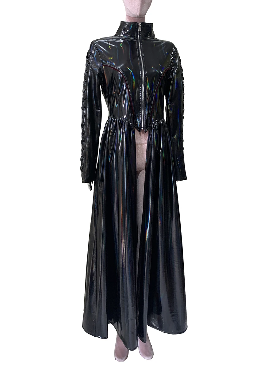 Trench-Coat noir holographique pour femme, Long, brillant, réfléchissant, fin, doux, fermeture éclair, Style Punk, vêtements européens, printemps automne, 2025