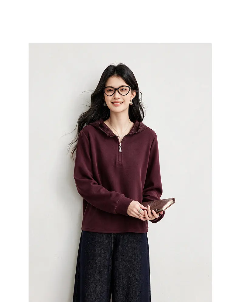 VIMLY Women's Hooded Sweatshirt 2026 Autumn Elegant Lace Trim Splicing Casual Pullover Fashion Long Sleeve Top Ladies A7628