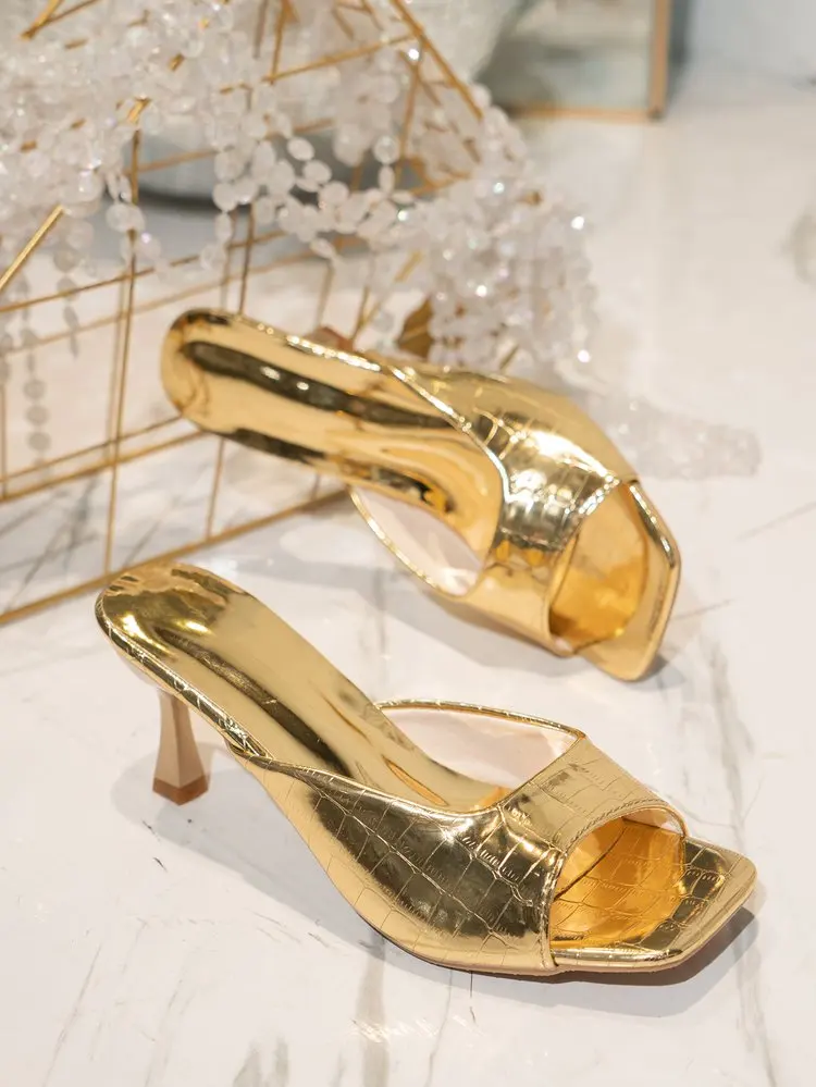 Luxuriöse Goldene High Heels Pantoletten für Damen 2026 Sommer Quadratische Spitze Dünne Absätze Sandalen Übergröße 42 Partyschuhe Damenpumps – Detail 2