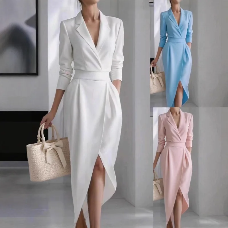 2026  Fall Winter Women's Lapel Long Sleeve Asymmetric Dress Office Work Elegant