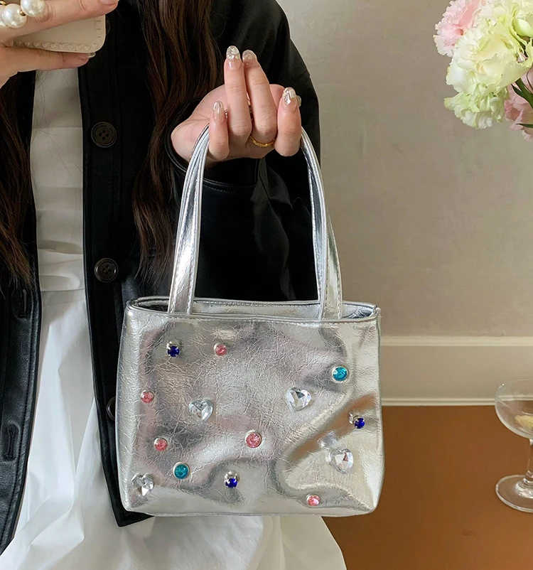 Bolso de mano de PU con diamantes de imitación para mujer, bandolera de hombro con cadena versátil de plata brillante, a la moda, estilo Hotgirl, para fiesta, novedad de 2024