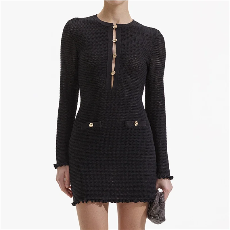 

French Fashion S Women's Knitted Dress Round Neck Hollow Long Sleeve Y2k High Quality Autumn Sexy Pary Stretch Slim Mini Skirt