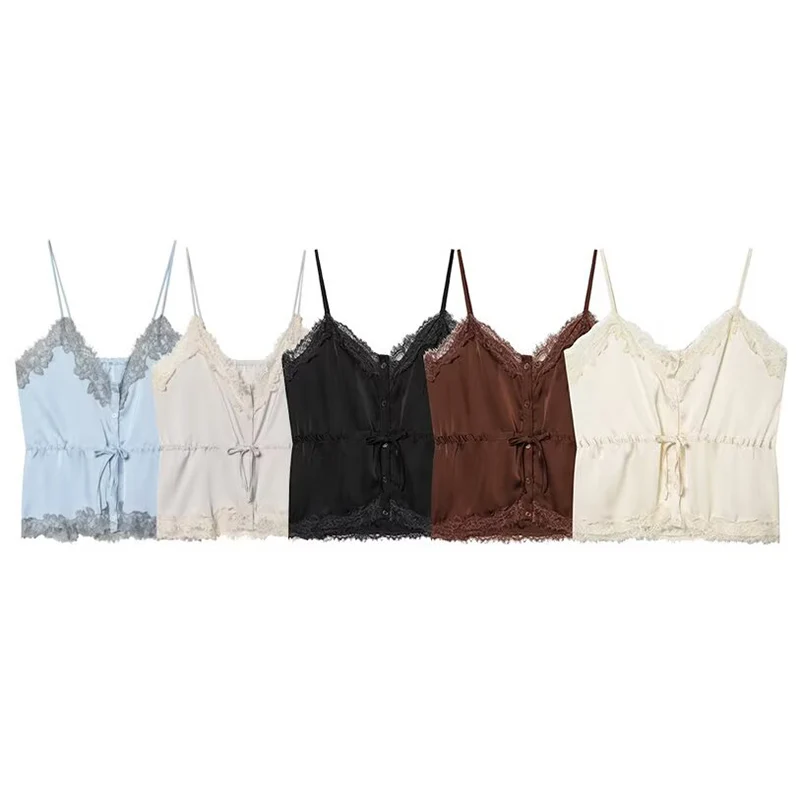Women's Lace Trim Satin Cami Top - Ruched Waist Slim Fit Tank, 2026 Summer Sexy Casual