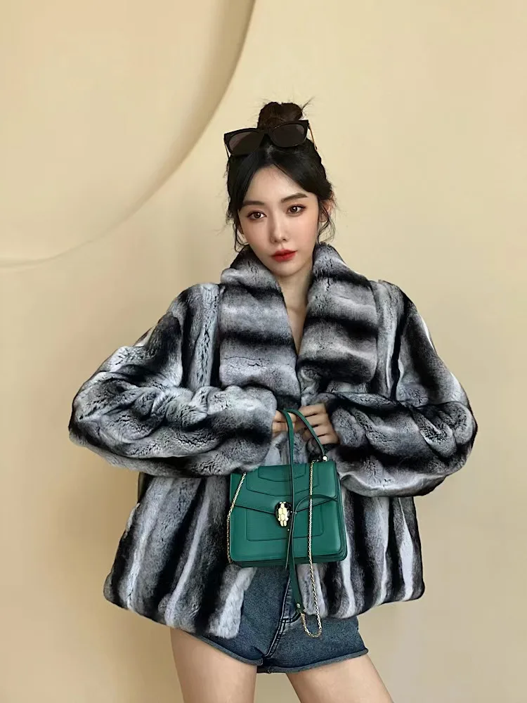 Fur Lover New Style Women Winter Warm Soft Quality Real Rex Rabbit Fur Coat Luxury Chinchilla Color Fashionable Fur Jacket