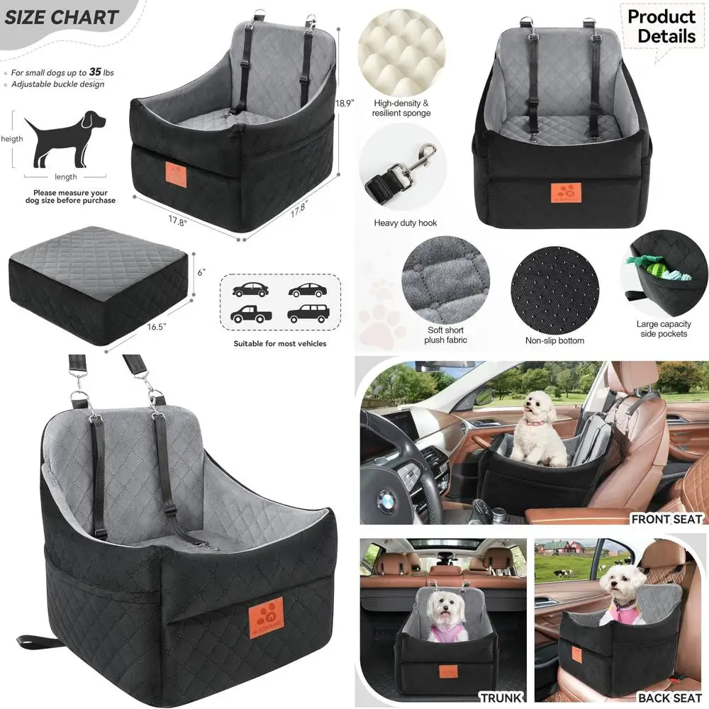 

Автомобильное кресло для собак мелких/средних пород весом до 35 фунтов с толстой подушкой, съемным моющимся чехлом и 2 ремнями безопасности - черный/серый