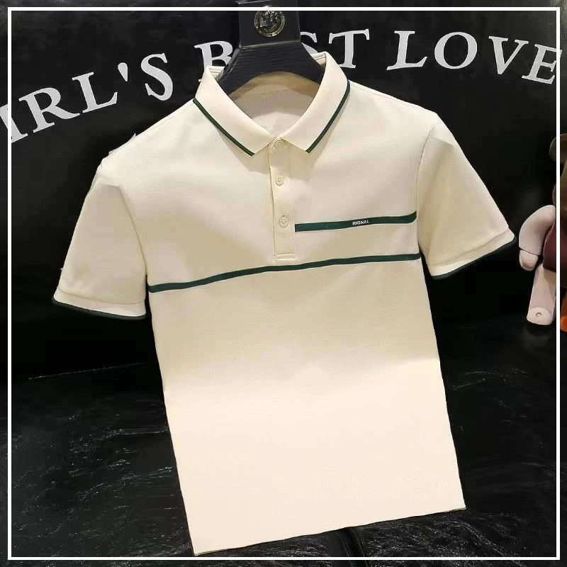 2024 New Summer Leisure Business High End Fashion Stripe Contrast Color Slim Fit Versatile Short Sleeve POLO Shirt for Men