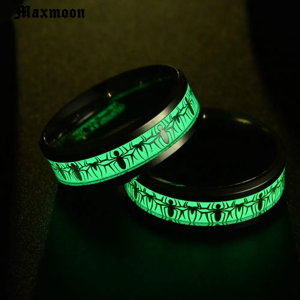 Maxmoon Stainless Steel Glow in the Dark Ring Spider  Luminous Ring for Men Personalized Glow Wedding Band Ring Male