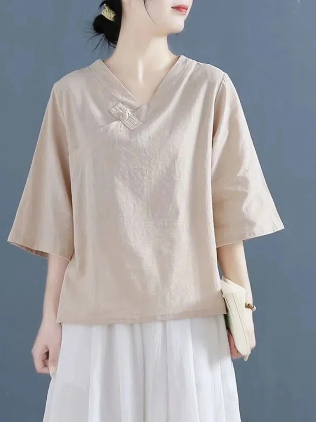 Losse Katoenen Linnen Dames T-shirt V-ne Vijfkwart Sve Vintage Zen Sle Thee Kleding Button Up Zomer Nieuwe Collectie