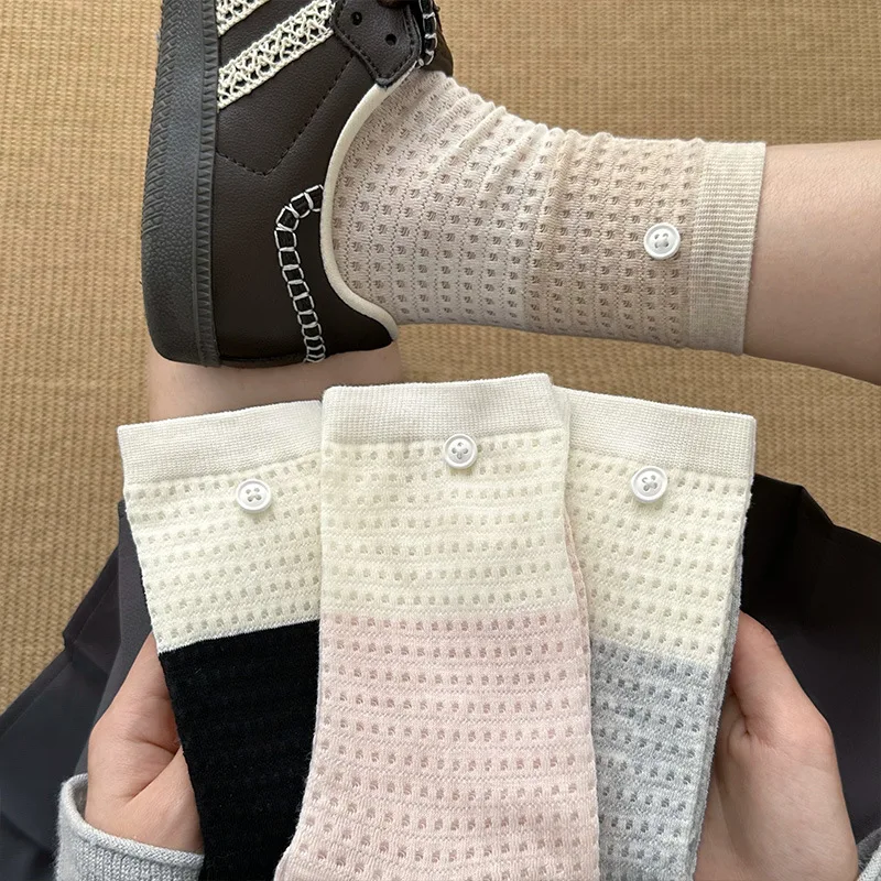 

Женские носки на пуговицах, летние тонкие стильные модные носки до середины икры с цветными блоками, бесшовные сетчатые дышащие носки Zhuji, оптовая продажа