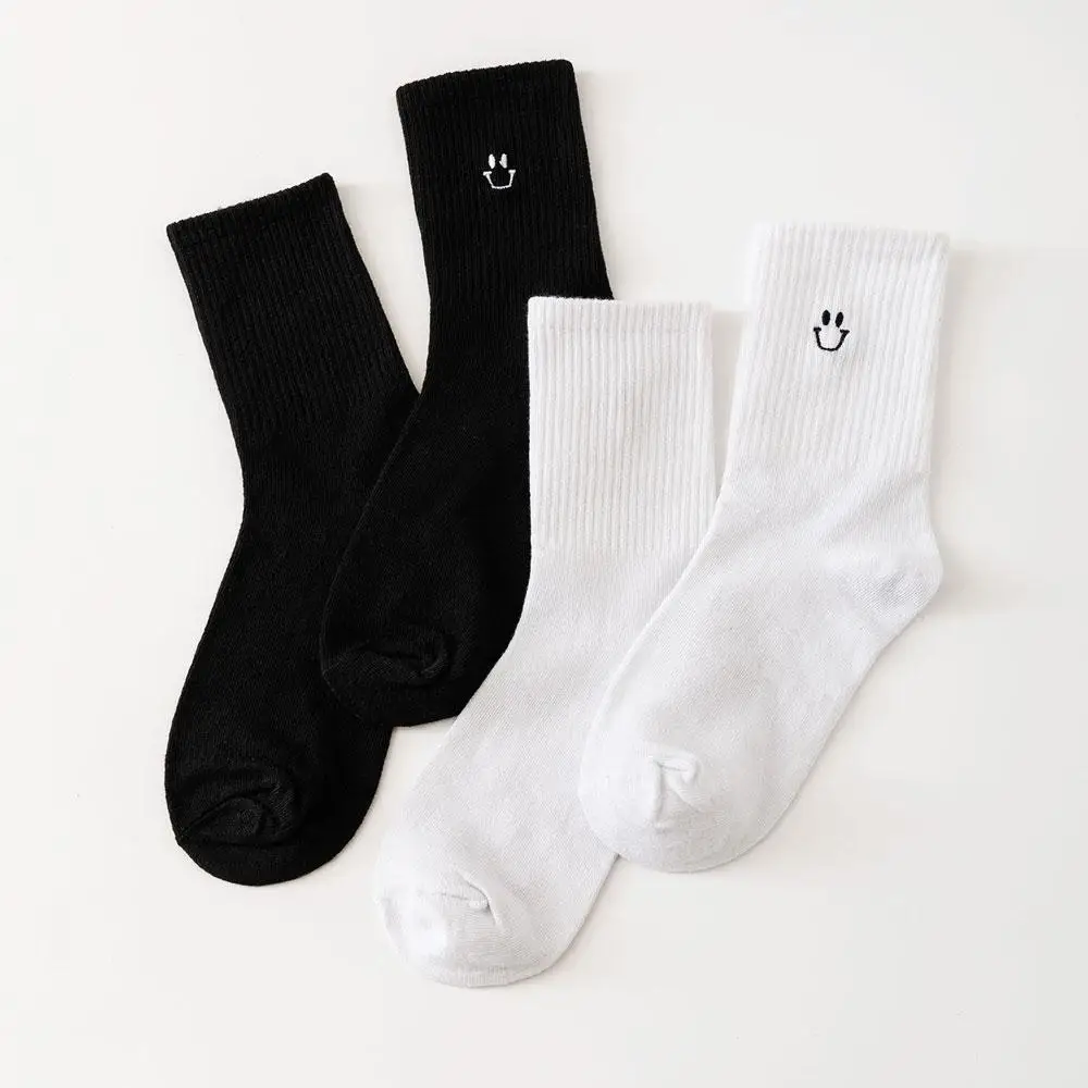 2 Pairs Women Smile Socks Y2k Black White Socks For Girl Cotton Socks Funny Simple Design Embroidery Korean Style