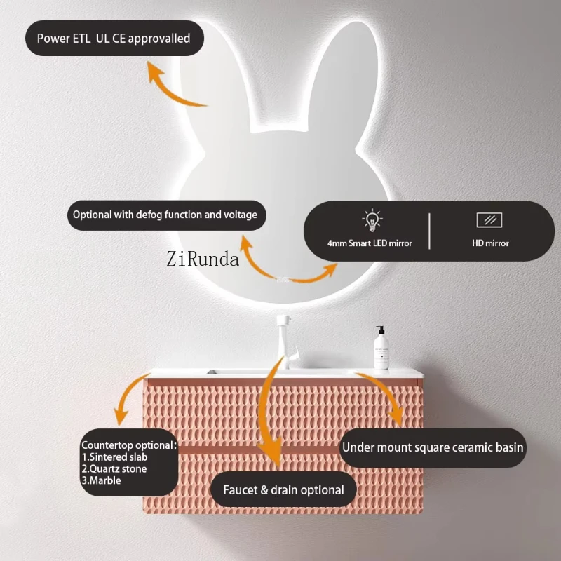 Mobiletto da bagno moderno in legno massello, lavabo in ceramica laccata in stile moderno e specchio per hotel