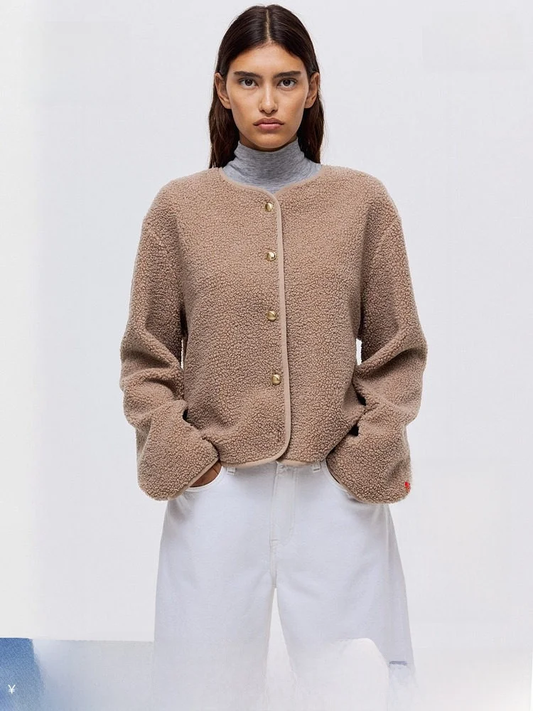 

H&M Women's Teddy Fce ort Jaet round Ne Quilted Outerwear Ele Sle Casual Loose Fit Long Sve Coat