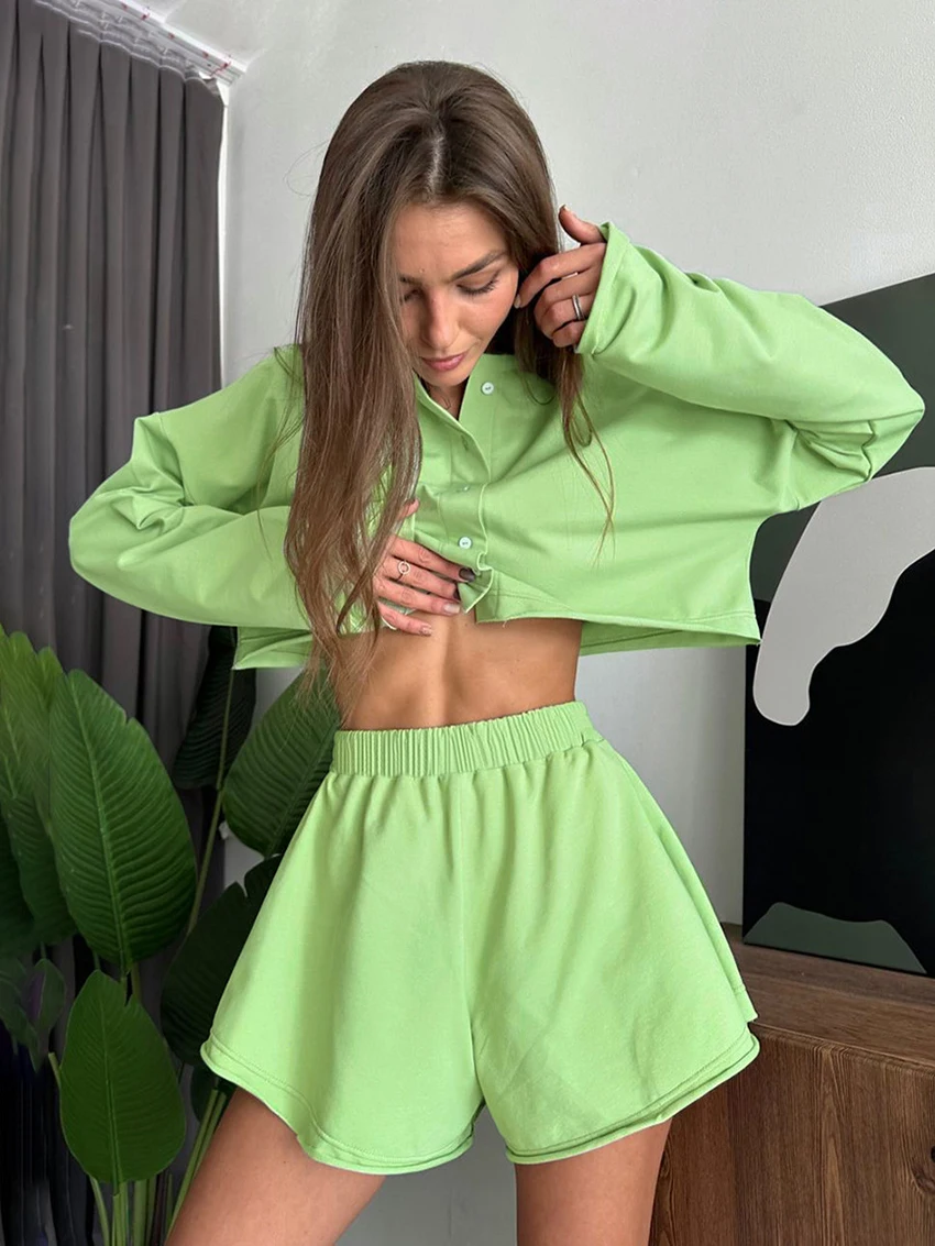 

Marthaqiqi Causal Female Pajamas 2 Piece Suit Long Sleeve Sleepwear O-Neck Nightie Crop Top Nightwear Shorts Loose Home Clothes