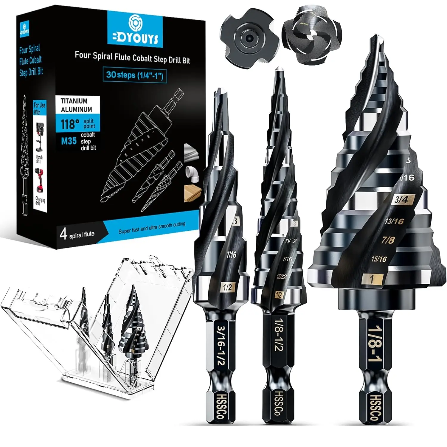 

M35 Cobalt Step Drill Bit Set, 3 pcs 30 Sizes, 1/4"-1", for Metal, Stainless Steel, Wood, Aluminum, Plastic
