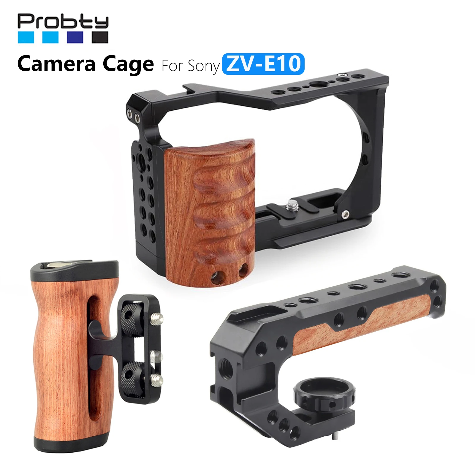 قفص كاميرا Probty ZV-E10 مع قفص بمقبض خشبي لهاتف Sony ZV-E10 مع لوحة باردة مدمجة سريعة التحرير، و1/4 بوصة و3/8 بوصة Thr