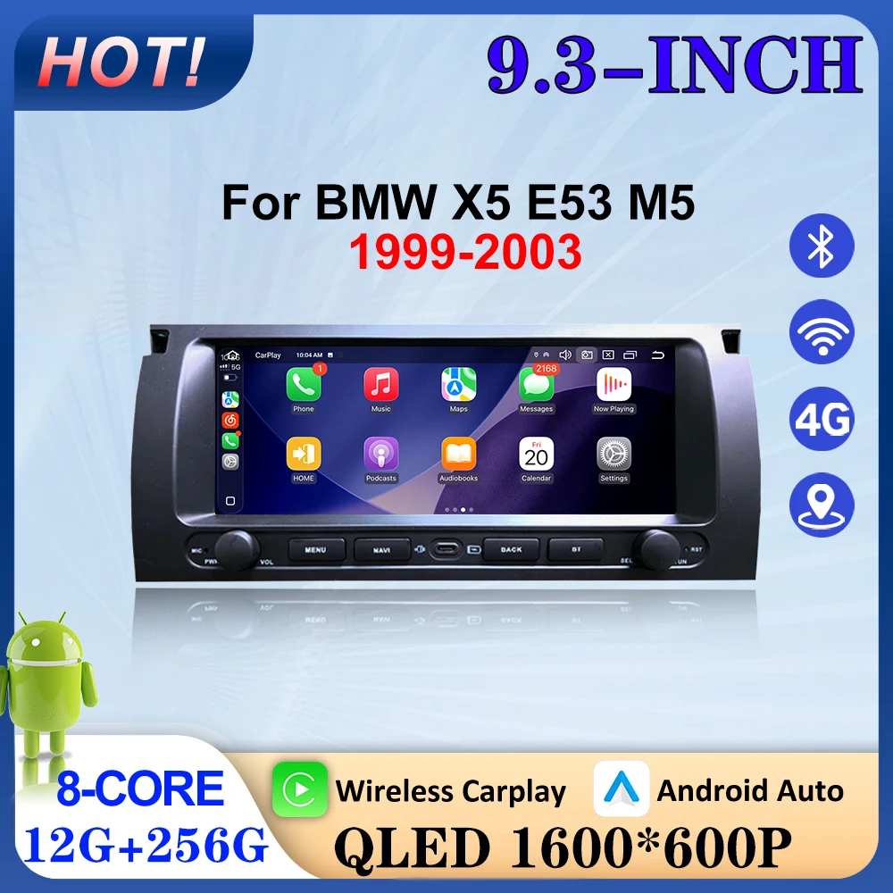 9.3 inch QLED 1600*600P Android 16 Carplay Auto For BMW X5 E53 M51999-2003 GPS Navigation Lntelligent Multimedia Touch Screen BT