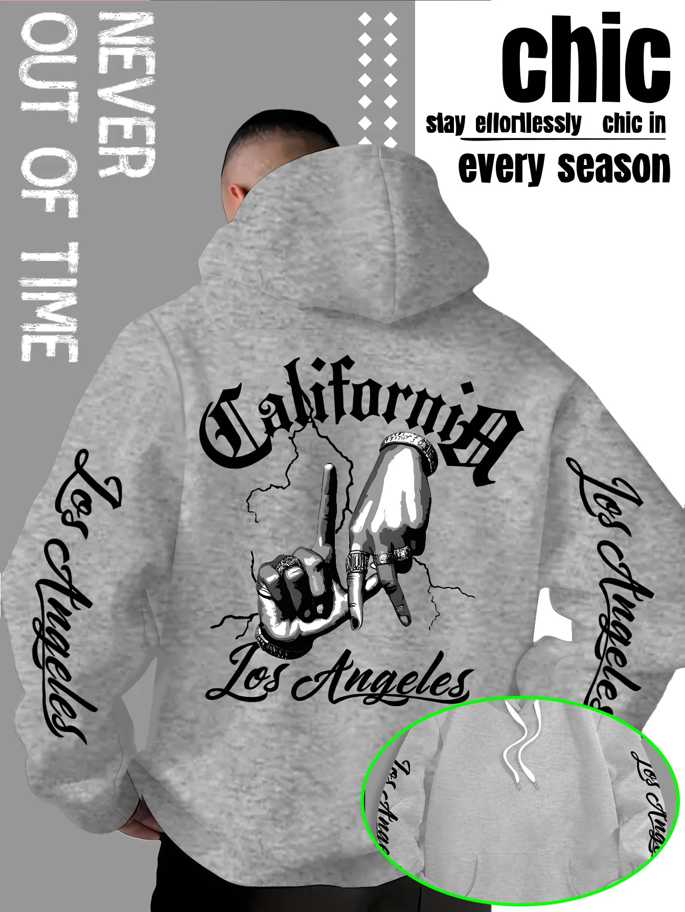 Herren-Hoodie mit Kalifornien-Los Angeles-Grafikdruck, Oversized Streetwear Hip-Hop Pullover, Lässiger Loose-Fit Kapuzenpullover – Detail 5