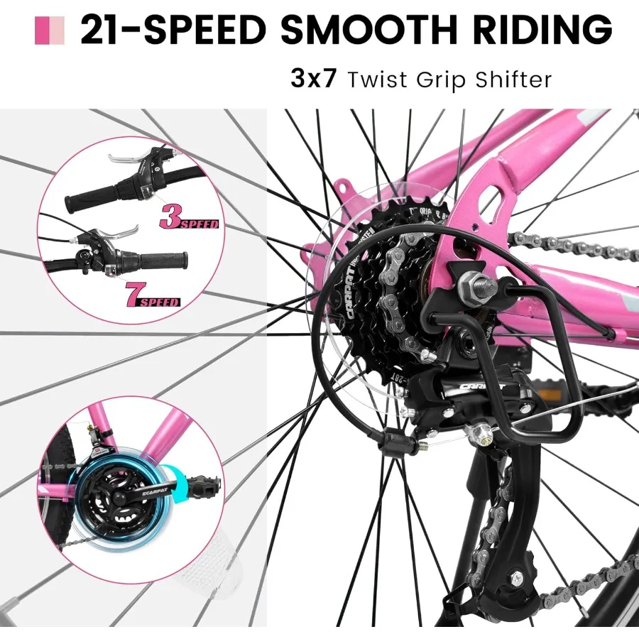 دراجة جبلية للنساء والفتيات 24 26 بوصة 21 سرعة نظام فرامل V مثالي للتنقل في المدينة والمدرسة والعمل والسفر وركوب الدراجات في الهواء الطلق