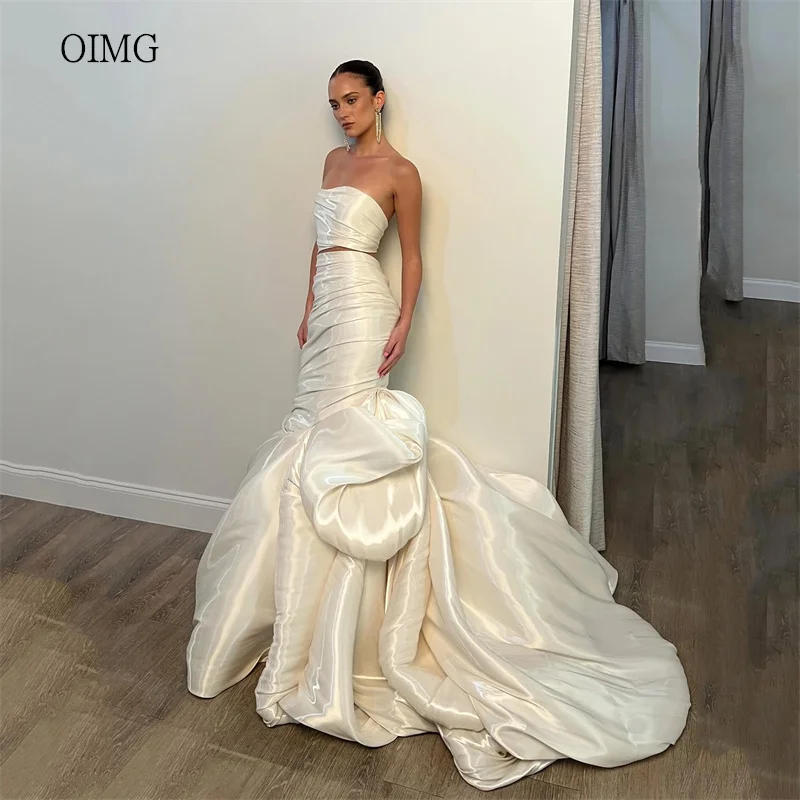 OIMG Luxuriöses trägerloses Meerjungfrau-Hochzeitskleid, glänzend, mit langem Schwanz, rückenfrei, plissiert, bodenlang, Brautkleider, maßgeschneidert