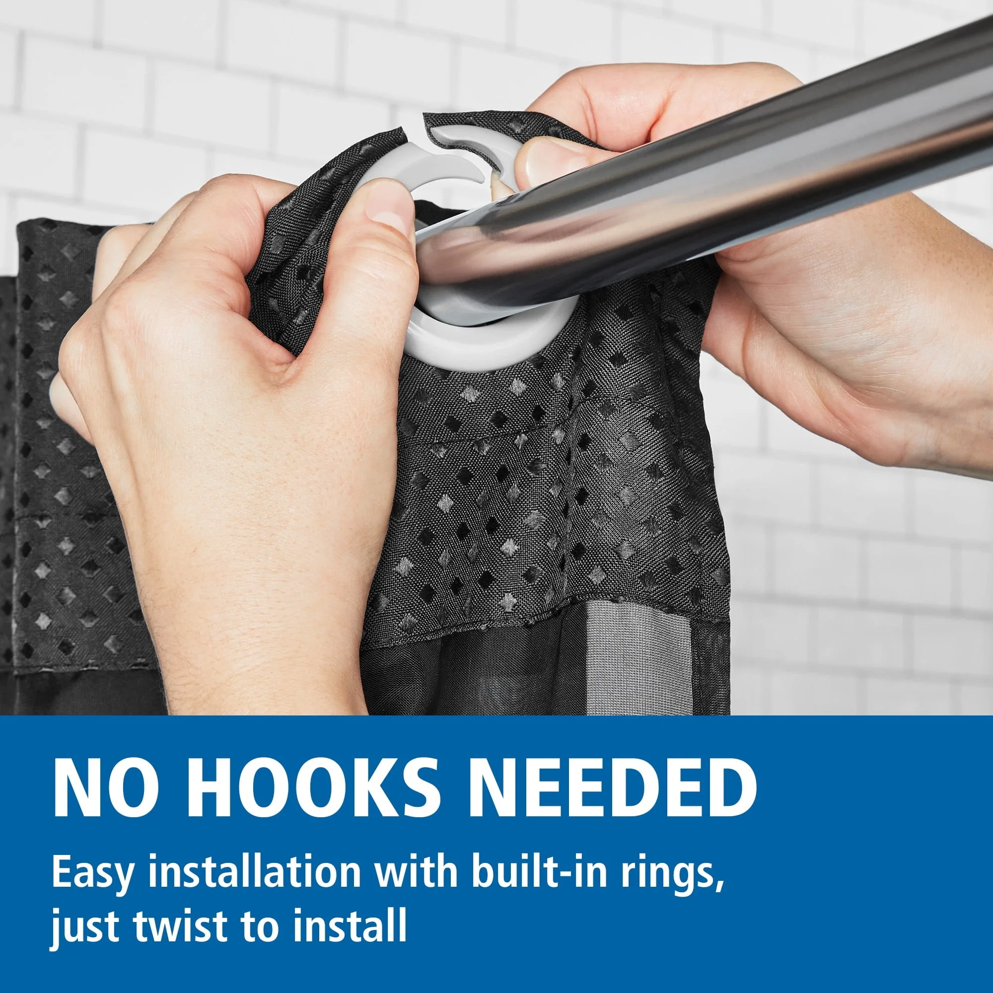 Легко повесить тканевую занавеску для душа со встроенными кольцами, 70 x 74 дюйма, черную