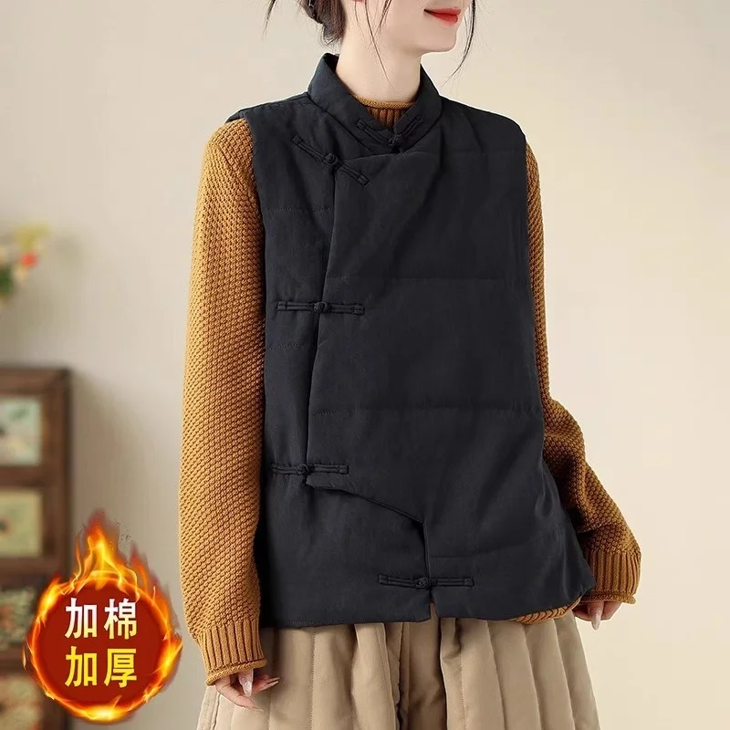

New Chinese Style Buckle Stand Collar Vest Women's Spring Autumn Warm Zen Tea Cotton Jacket Quilted Tops Waistcoat w1351