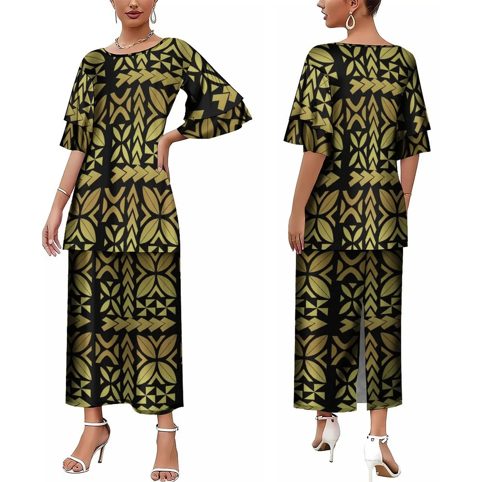 Polynesian Women'S Dress Custom Ethnic Print Puletasi Round Neck Elegant Slit Skirt Casual Loose Suit Skirt 2024 New Model