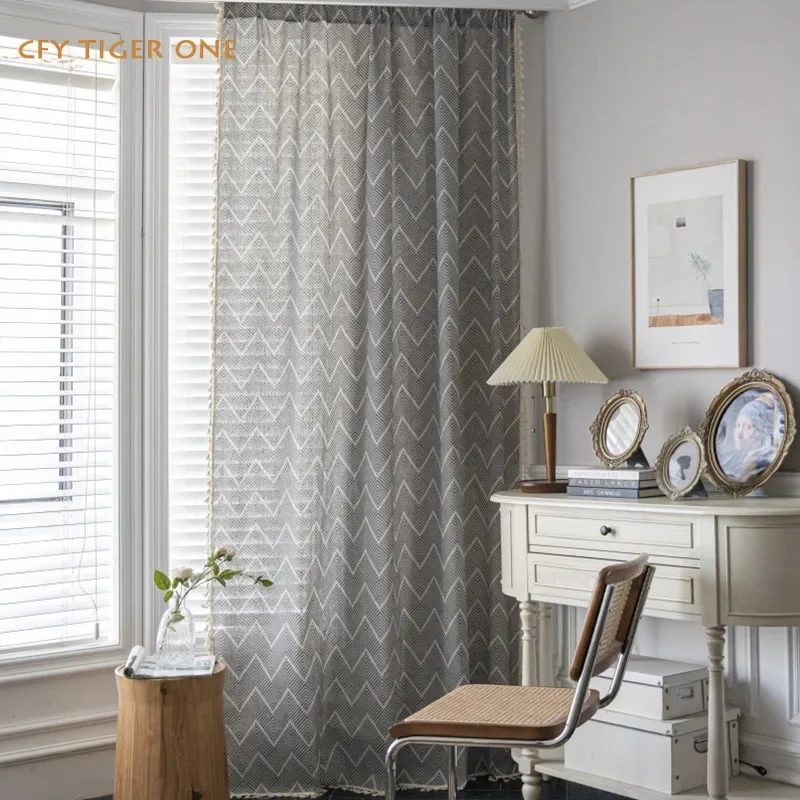 

Cotton Linen Wave Stripe with Tassel Home Window Curtains Blackout Drapes for Living Room Bedroom Kitchen Door Drapes