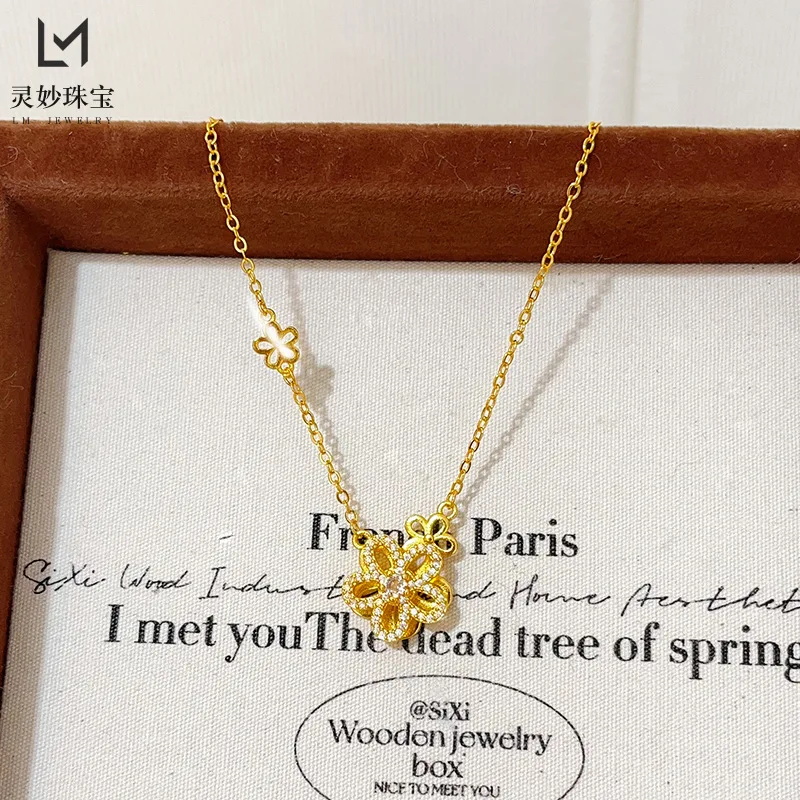 قلادة مجوهرات فاخرة من الذهب الحقيقي عيار 9999 عيار 24 قيراط للنساء مع سلسلة ترقوة زهر الكرز الدوارة هدية رائعة لصديقتك #5