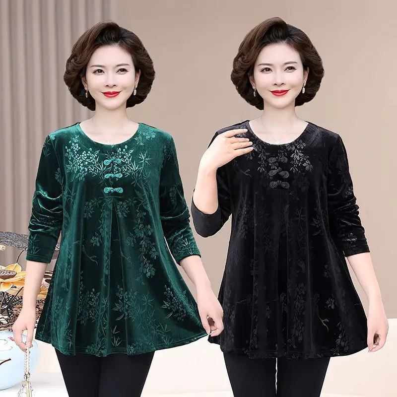 Velvet Long Sleeve Women's Plus Size Fashionable Loose Top Meat Concealing Casual Style Round Neck T-Shirt TT675