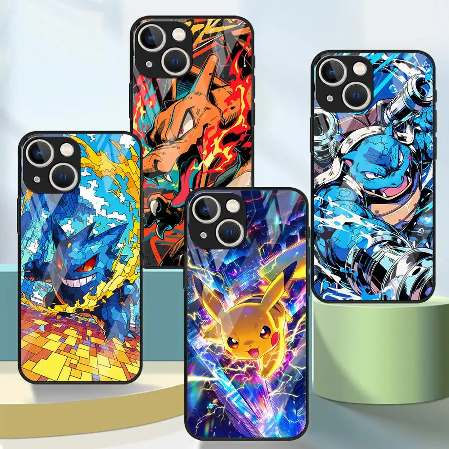 

Cute Pikachu Pokemon Phone Cover Glass Case for iPhone 17 Pro Max XR 8 14 15 Plus 11 16 13 12 Air