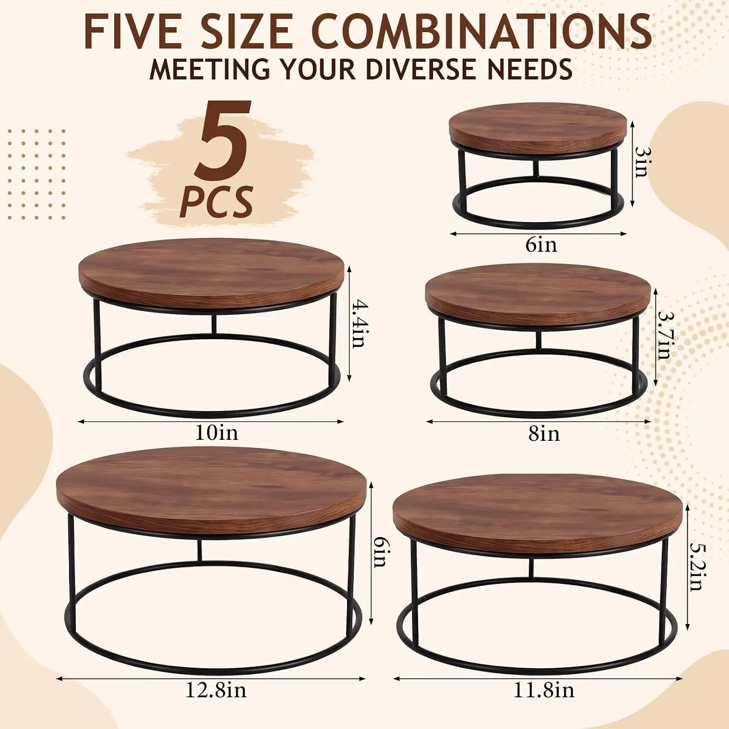 5-Piece Rustic Wood Cake Stand Set for Dessert Table Display, 6/8/10/11.8/12.8 Inch