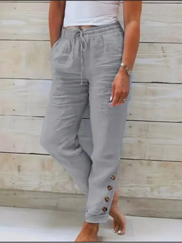 Women Spring Autumn Breathable Cotton Linen Buttons Trendy Pants Elastic Waist Straight Leg Solid Female Casual Baggy Trousers
