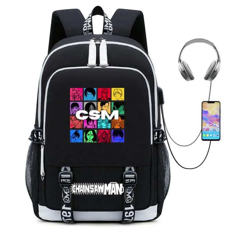 The Chainsaw Man Girls Backpack Fashion Teenager Bookbag Printing Canvas USB Charging Backpacks Laptop School-Bags Travel Female