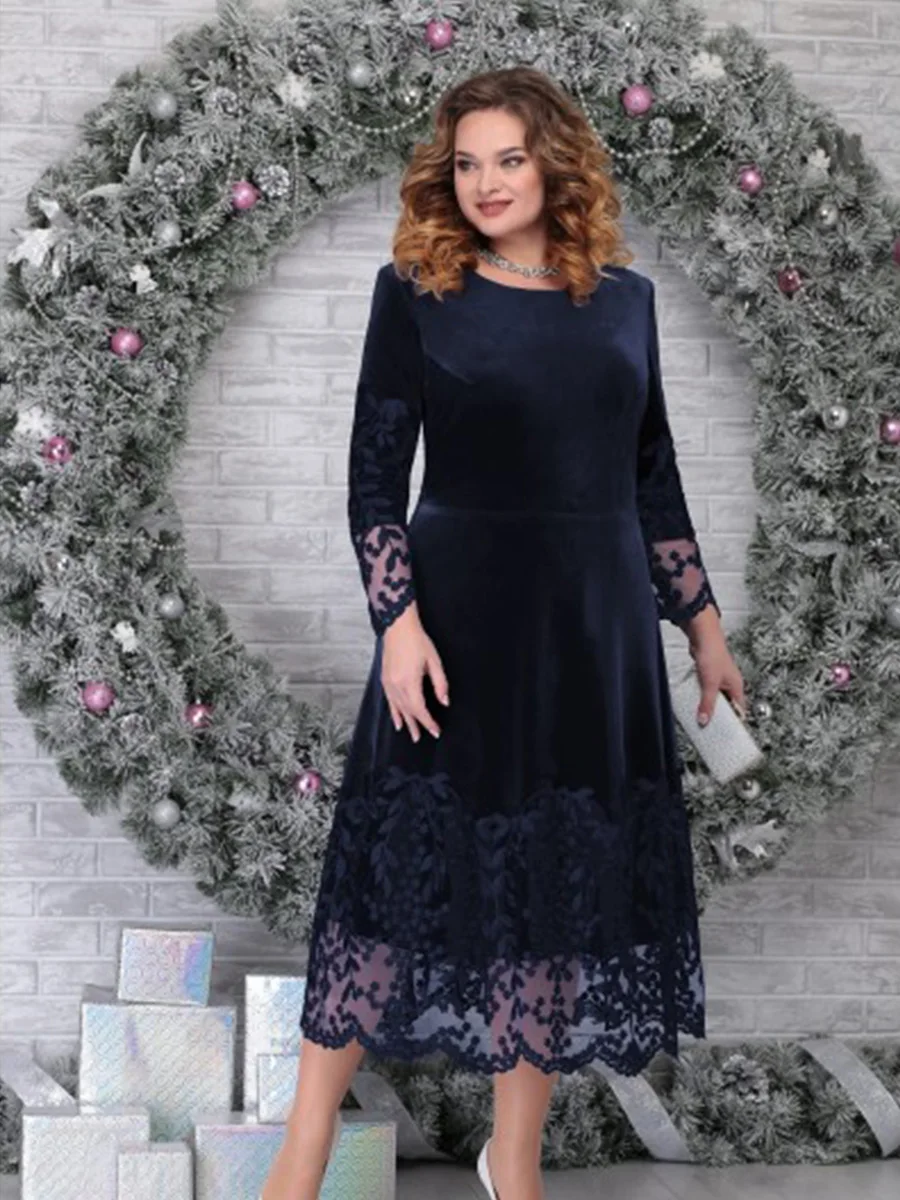 

Elegant Plus Size Mother of the Bride Dresses Velvet A-line O-neck Long Women Wedding Guest Dress Lace Ruching فساتين السهرة