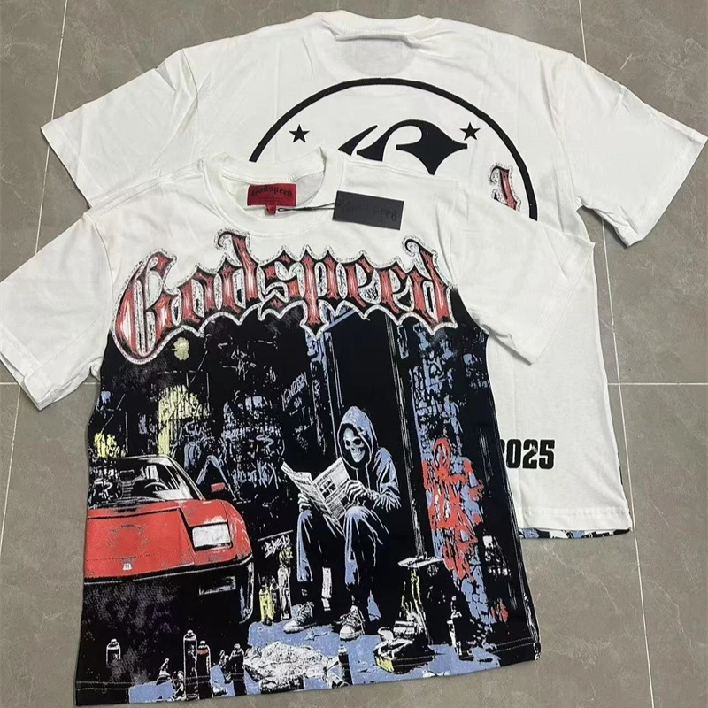 

Skull Print God Speed Men's T-Shirts Oversized Hip Hop T Shirts Women White Pure Cotton Godspeed Short Sleeves