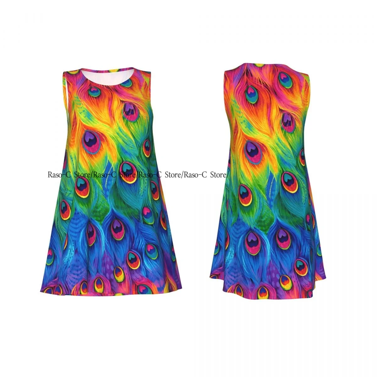 レディースドレスレインボーピーコックサマーカジュアルTシャツビーチカバーアップタンクドレス