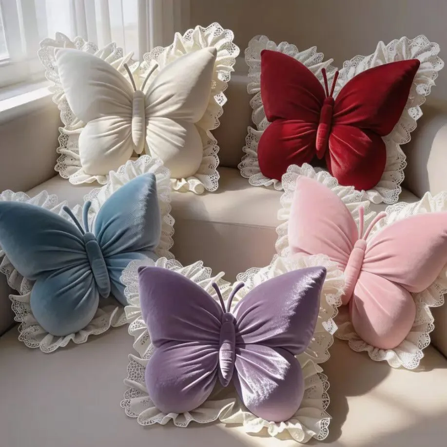 Butterfly Shape Throw Pillow Bow Lace Backrest Office Pillow Cute Princess Living Room Bedroom Car Sofa Cushion Home Decoration