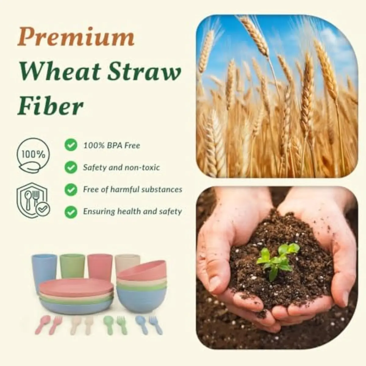 Wheat Straw Dinnerware Set 20 Pcs Includes Plates Cups Bowls Forks Spoons in Beige Pink Green Blue Smooth Edges Microwave Dishwa view 3