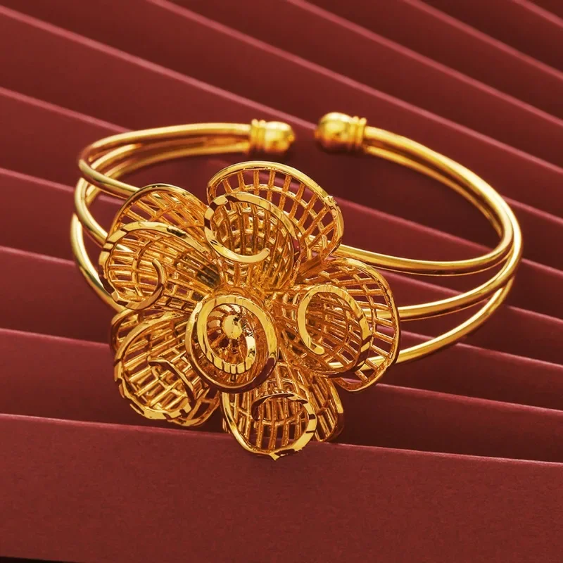 Fashion Imitation Gold Women's Flower Bracelet Open Big Flower Wide Bracelet Fashion Ethnic Style Copper Gold Plated 24K Jewelry