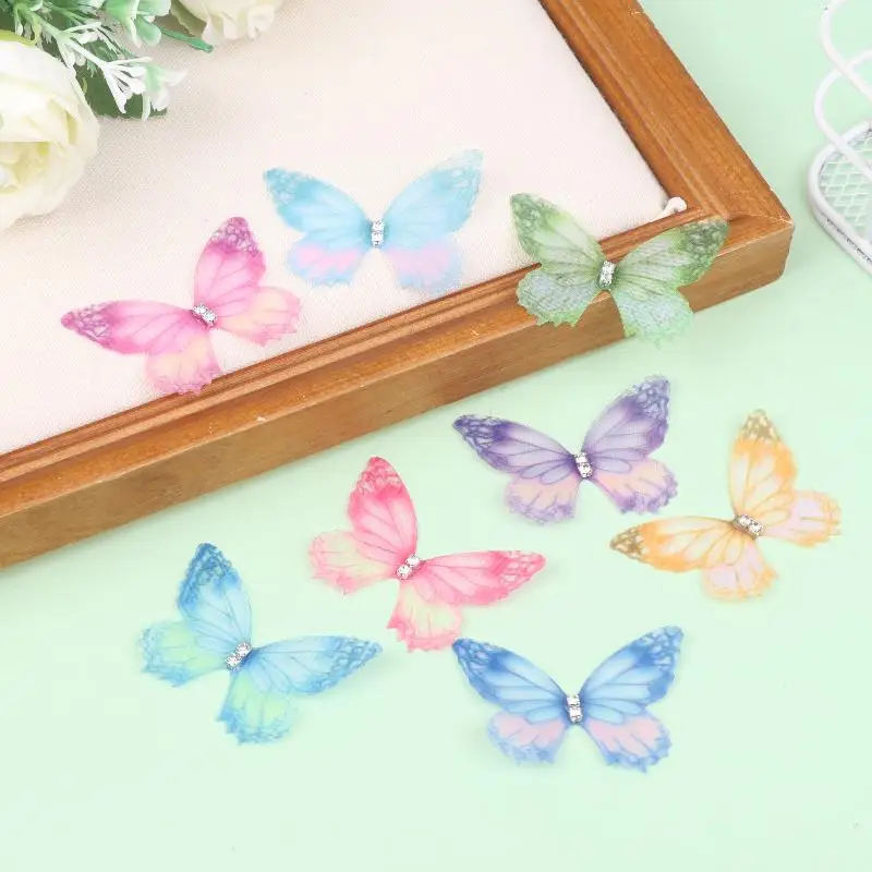 3D Double Layer Organza Butterfly Appliques Gradient Color Baby Shower Decorations Tutu Embellishments Sewing Craft Supplies
