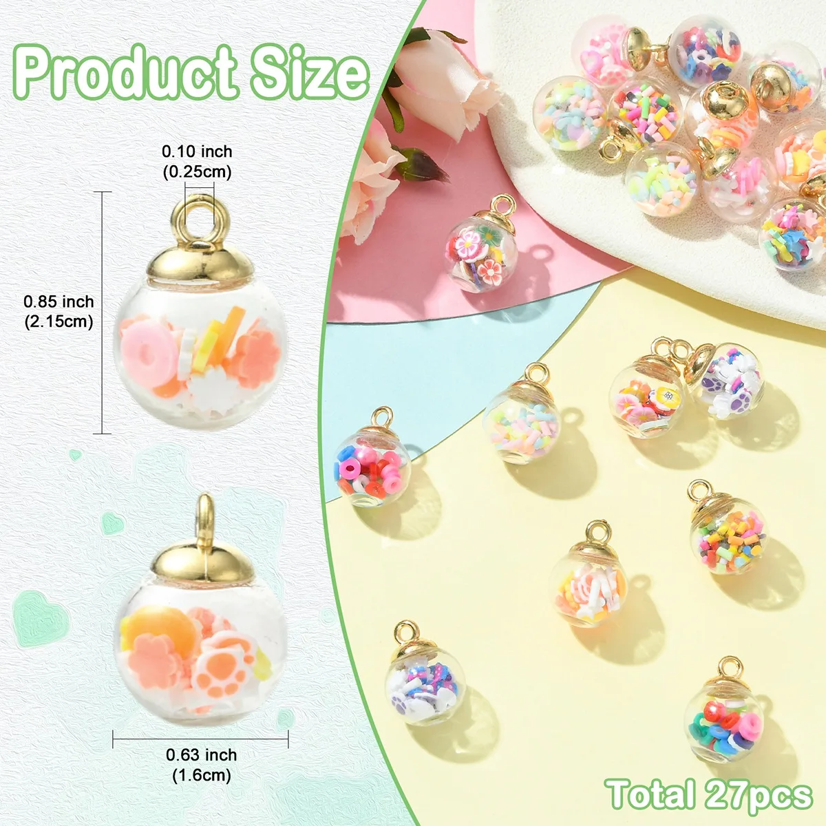 27Pcs Round Glass Pendants with CCB & Handmade Polymer Clay DIY Jewelry Findings for Bracelet Making, Assorted Decorative Charms