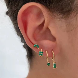 4PCS Fashion Green Crystal Zircon Stainless Steel Hoop Earrings Set For Women Daily Versatile Square Earring Piercing Jewelry